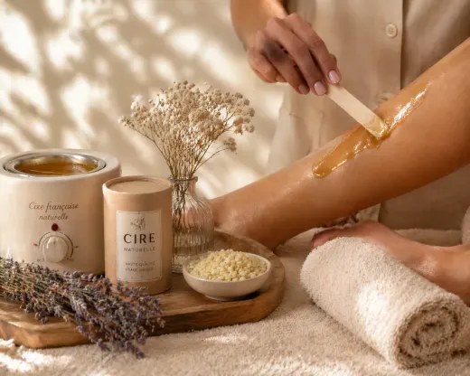 Pot de cire tiède, lavande et serviette