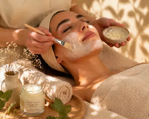 Soin du visage avec masque, pot de crème et serviettes